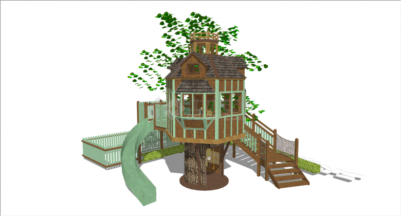 现代复古滑梯儿童树屋su模型-图一