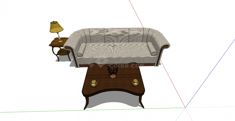 带棕色茶几的带台灯的灰白色的沙发su模型-图二
