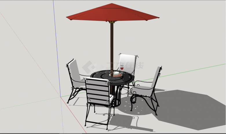 带有红色遮阳伞的精美的室外桌椅 su模型-图二
