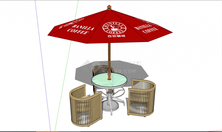 带有红色遮阳伞的木质的室外桌椅 su模型-图二