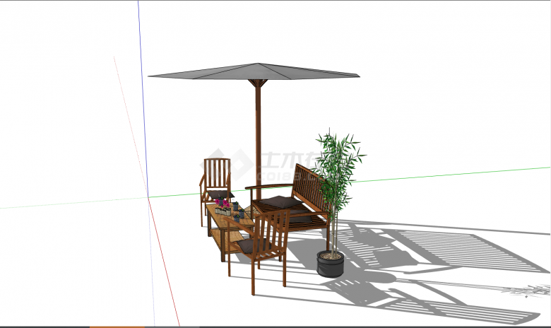 带有绿色植物的木质的室外桌椅 su模型-图二