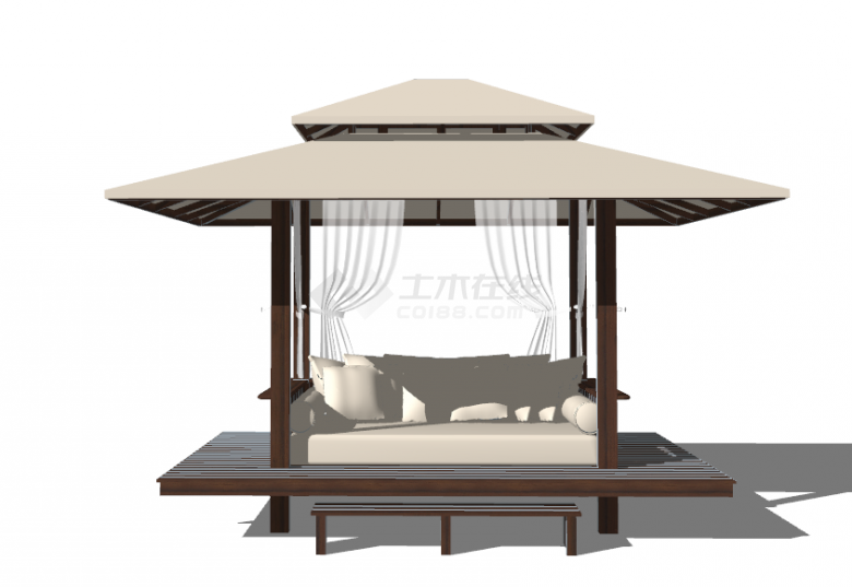 新中式简约创意有伞遮蔽式户外家具su模型-图二