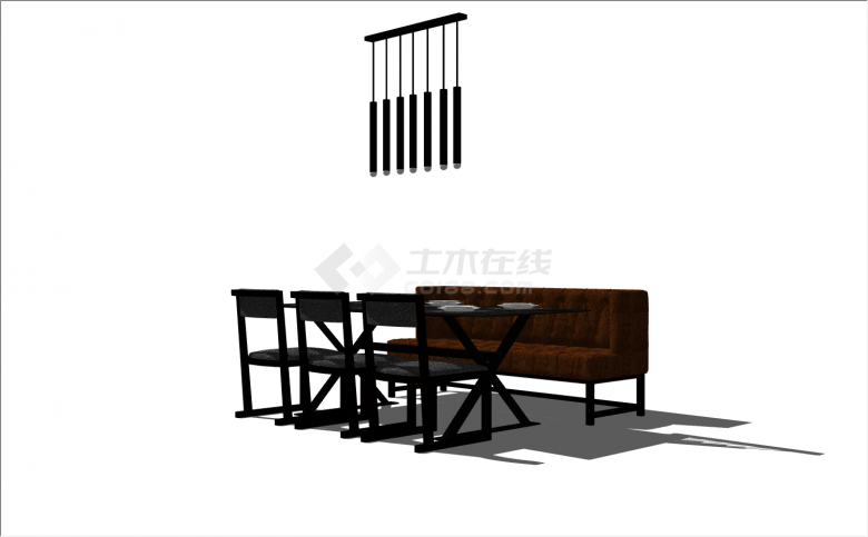 一侧棕色沙发一侧放置3把黑色餐椅搭配长方形餐桌su模型-图二