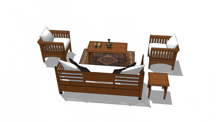 中式木质框架白色海绵坐垫沙发su模型_图1