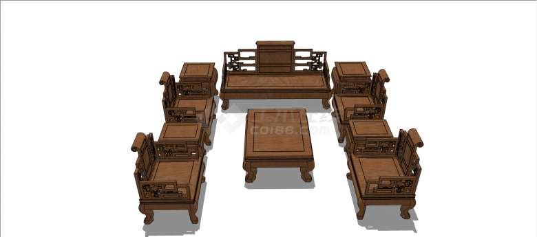 中式木制中空沙发 su模型-图一