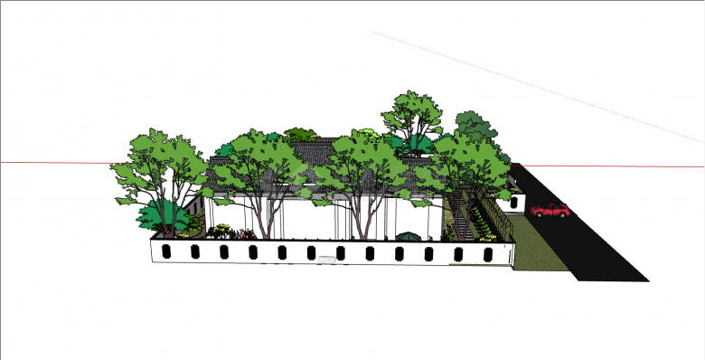 白墙灰顶的绿树环绕的中式民宿su模型-图二