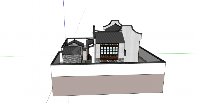 双层的灰色屋顶带庭院的中式民宿su模型-图一