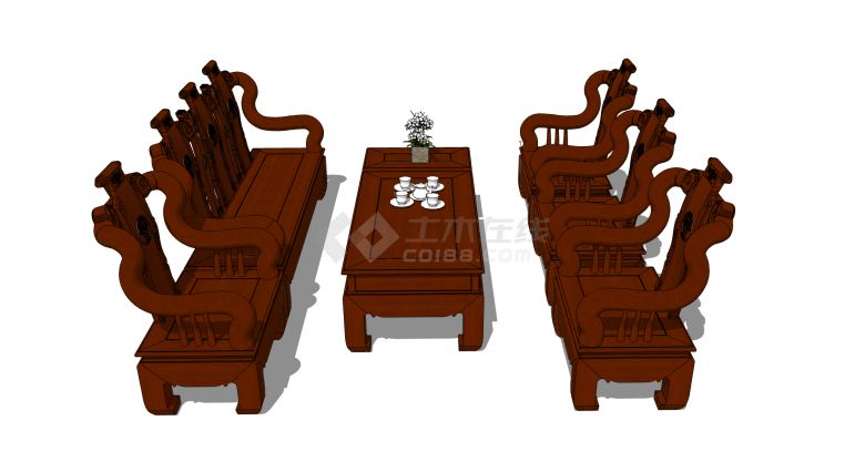 中式雕花豪华红木沙发su模型-图一