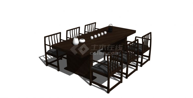 深色新中式餐桌组合su模型-图二