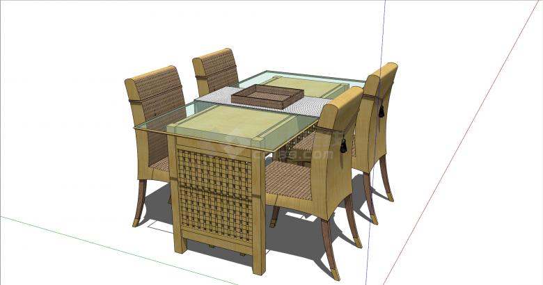 带玻璃垫的木制方形餐桌组合su模型-图二