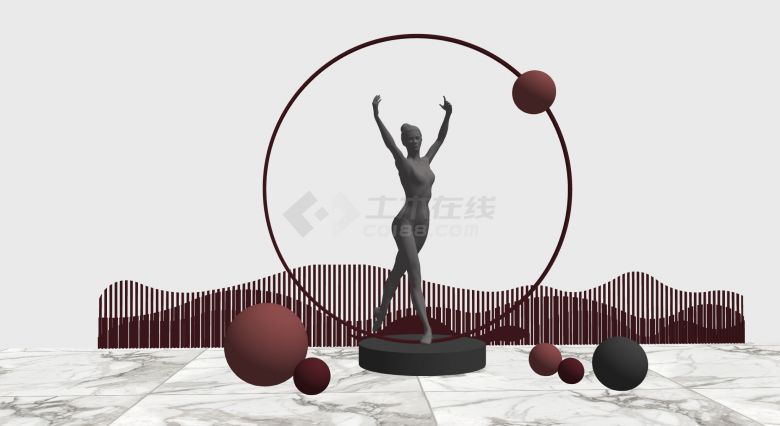 暗红色球和圆环女性舞者现代创意艺术雕塑su模型-图一
