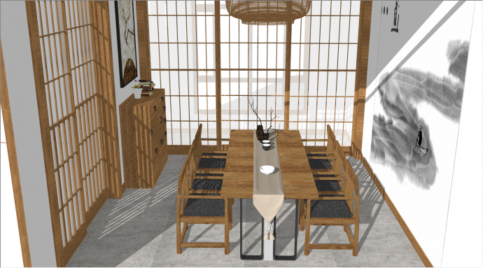 新中式原木风长桌椅组合su模型_图1