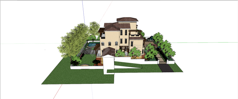 欧式西班牙风格三层庭院花园民宿su模型-图二