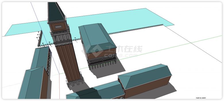 蓝色屋顶哥德式建筑别墅su模型-图二