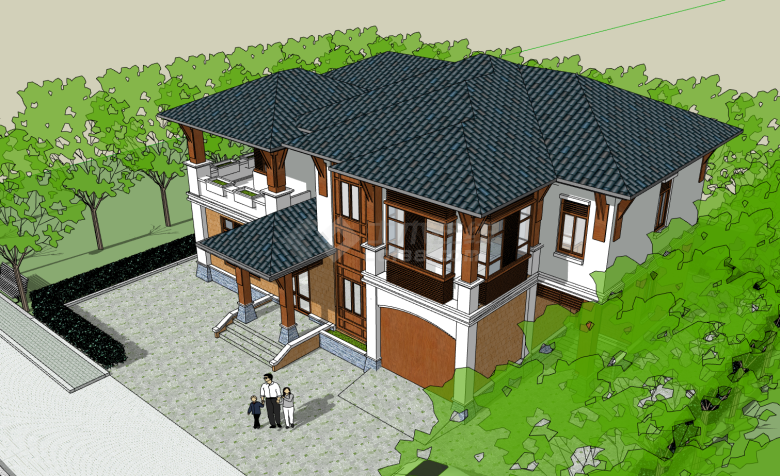 砖结构白墙木饰面双层别墅su模型-图二