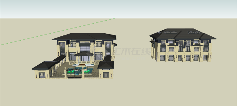 两栋新中式风格别墅su模型-图一