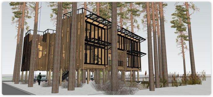 钢木结构结构林中小屋su模型_图1