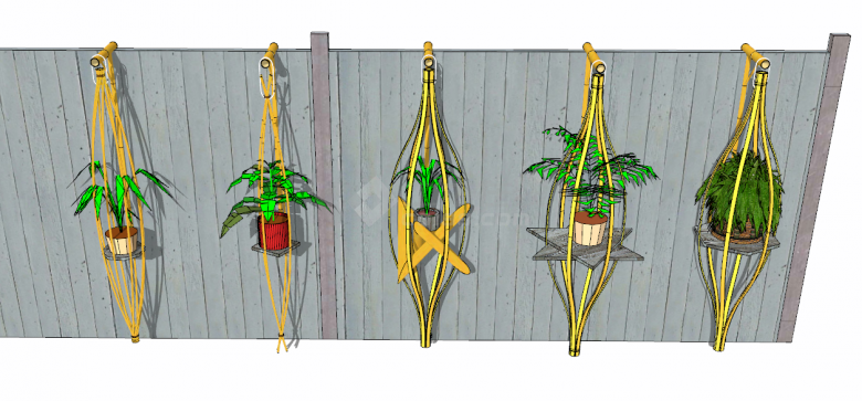创意竹子做成的带有小盆绿植的花架花墙 su模型-图二