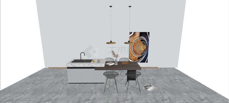 现代木桌铁艺椅餐厅家具su模型-图二