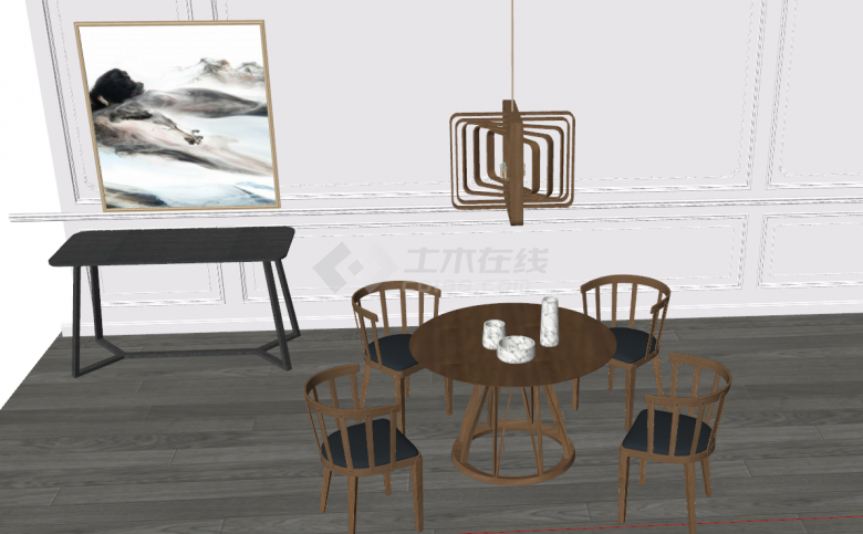 带有水墨画和灰色地板的现代餐厅家具 su模型-图二