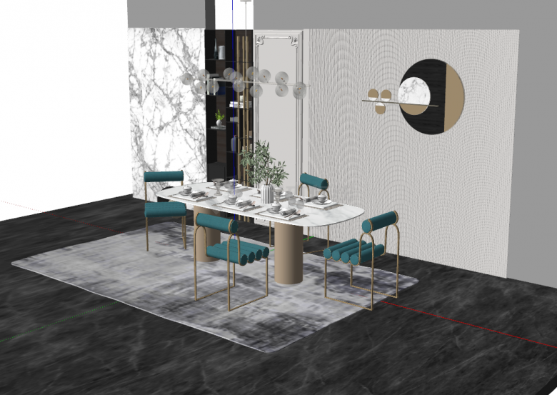 黑灰色地板带蓝绿色精致椅子的现代餐厅家具su模型-图二