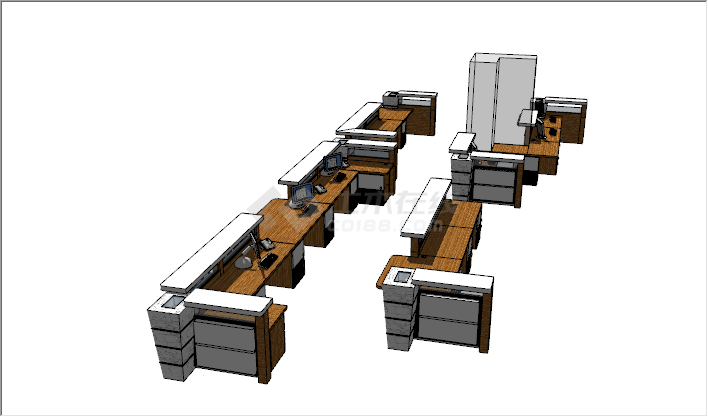 现代深色原木办公室多人桌椅su模型-图二