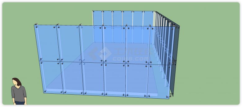 蓝色玻璃内部钢管十字金属扣固定玻璃幕墙su模型-图二