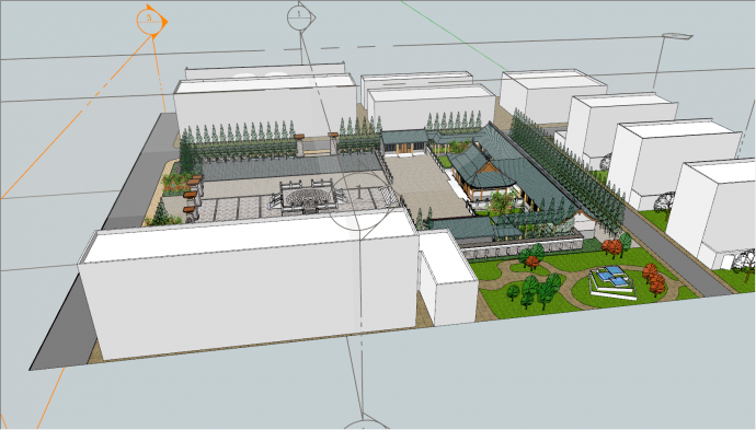有围栏和树木房屋的广场公园su模型_图1