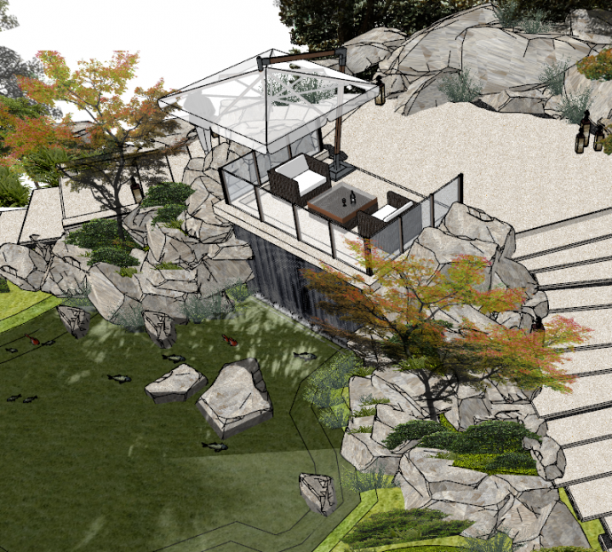 小型公园瀑布水幕景观su模型_图1
