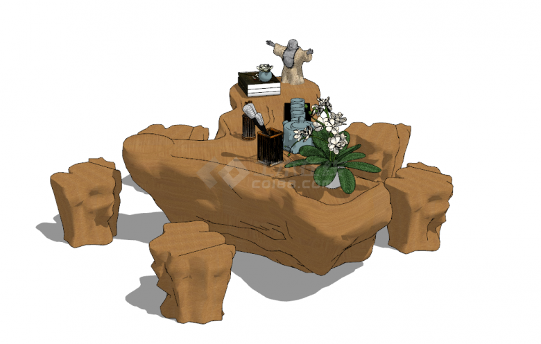 带有弥勒佛和茶杯的根雕茶桌茶台su模型-图二