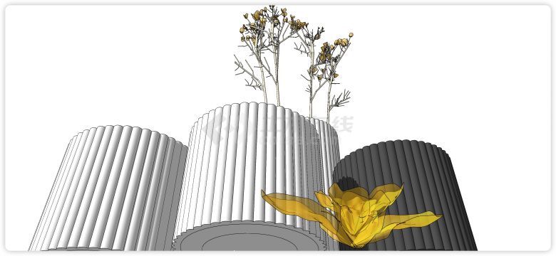 波浪边陶瓷盆黄色植物绿植盆栽su模型-图二