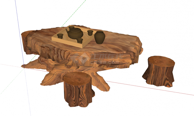 精雕刻实木一体带深色茶具的根雕茶桌茶台su模型-图二