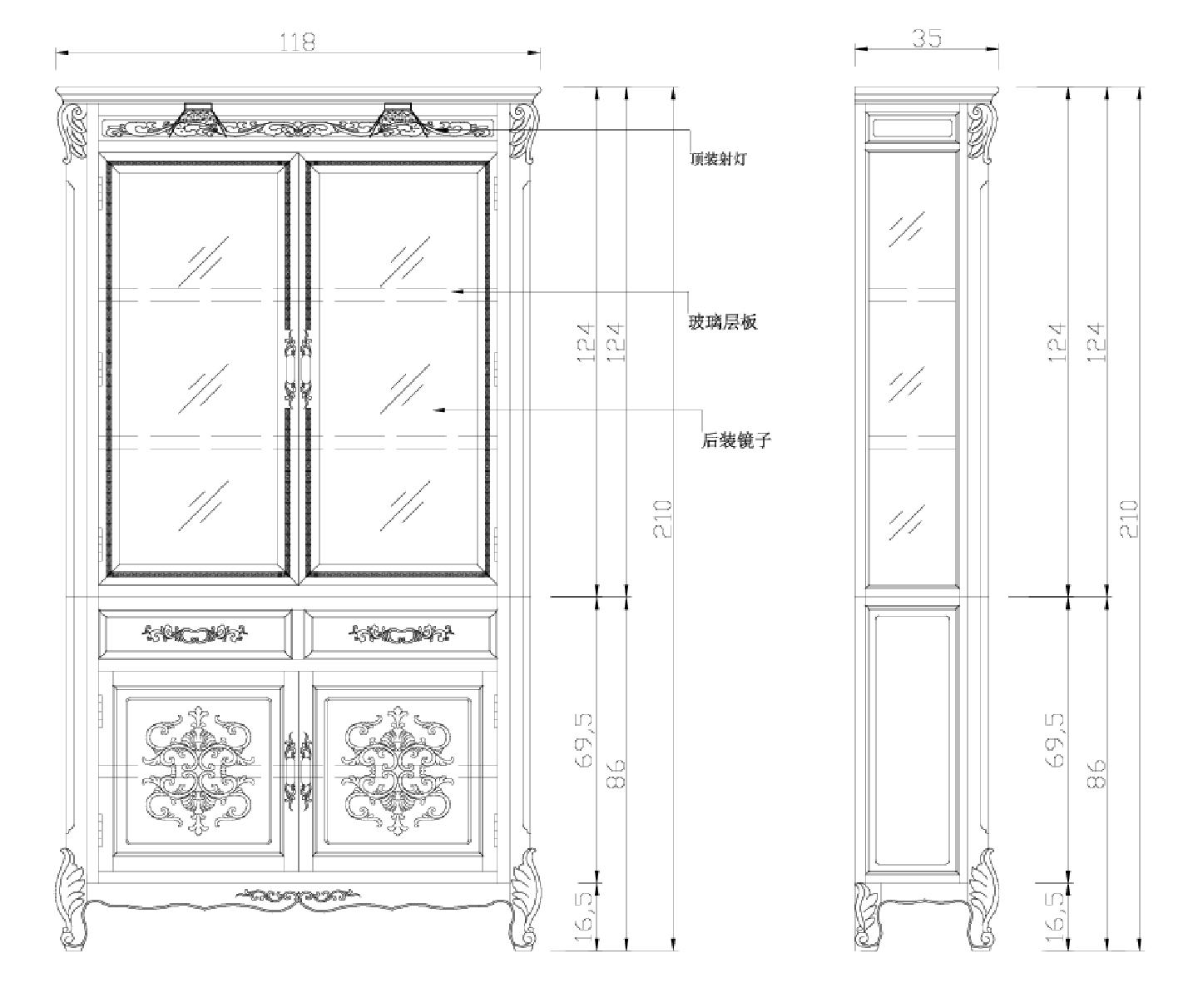 欧式玻璃饰物柜详图CAD图