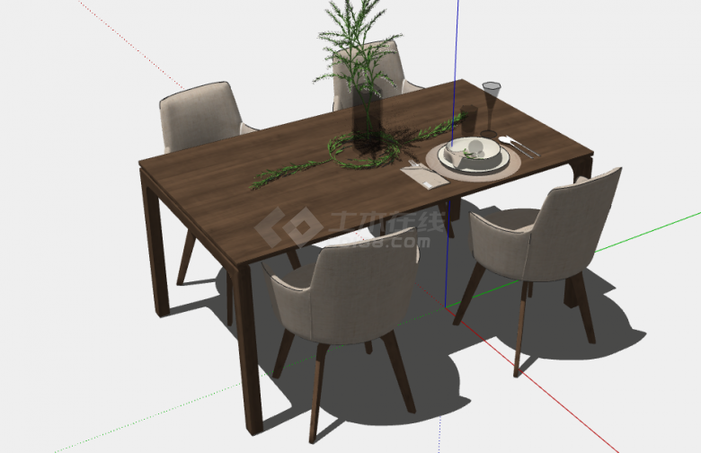 一张棕色的木制桌子带有四把椅子su模型-图二