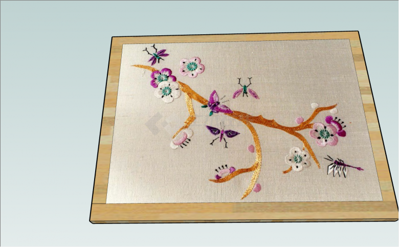 梅花刺绣木质边框装饰画su模型-图二