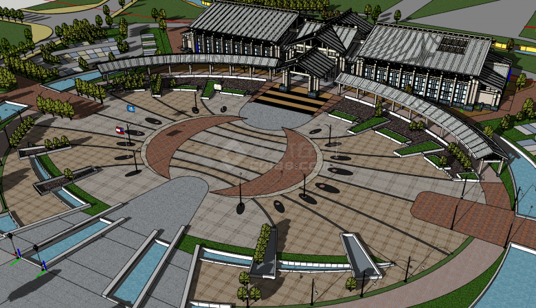 娱乐舒适的温泉广场（新中式）su模型-图一