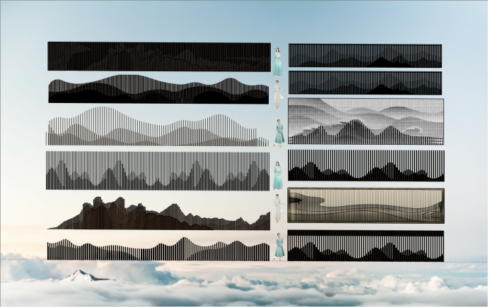 多种中式风格山水云纹栅格景墙su模型_图1