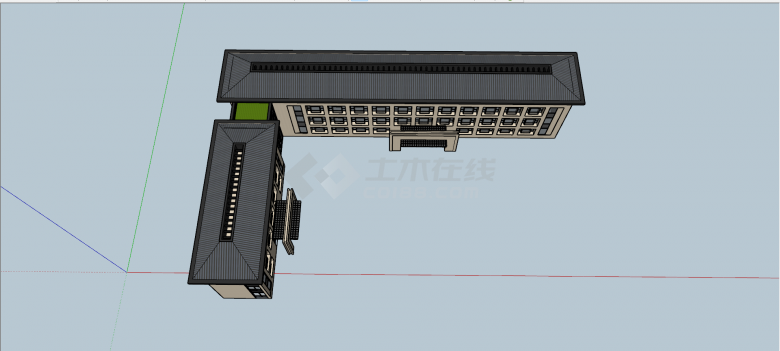 三层黑瓦黄墙L形行政办公楼su模型-图二