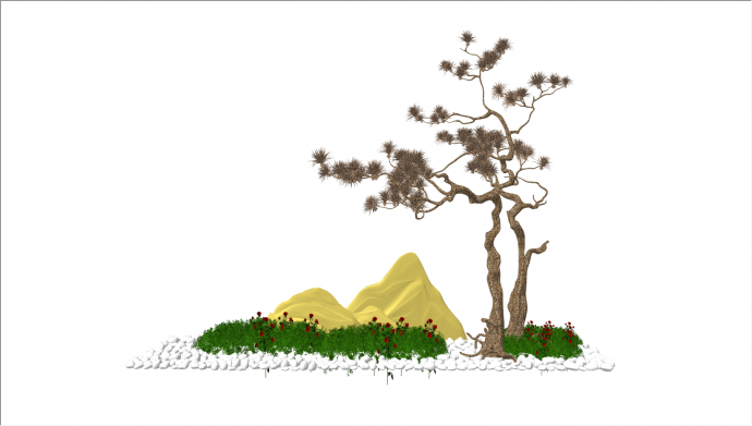 带黄色假山罗汉松造型树 su模型_图1