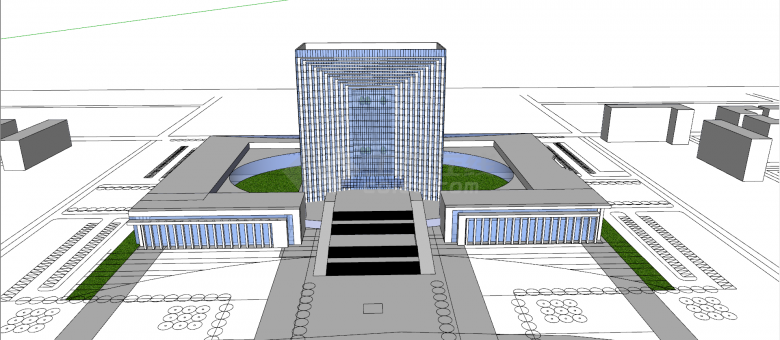 方形环绕式蓝色玻璃多层行政办公楼su模型-图一