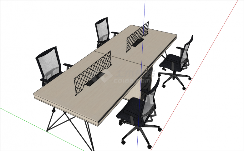 四人位办公桌带4组轮滑座椅和2组4个抽屉组成的收纳柜su模型-图二