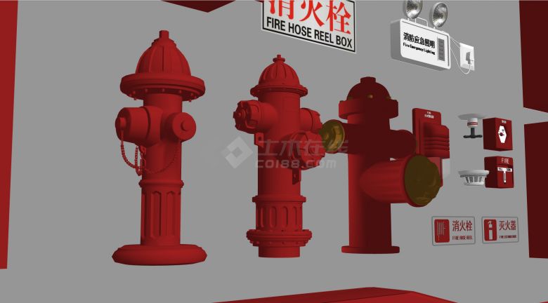 消防知识牌红色消防水栓应急灯消防器材su模型-图二