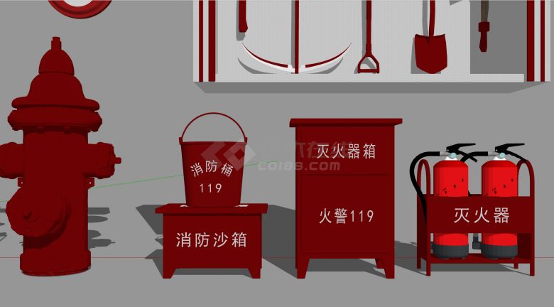 红色消防桶消防砂箱和消防工具橱窗消防器材su模型-图二