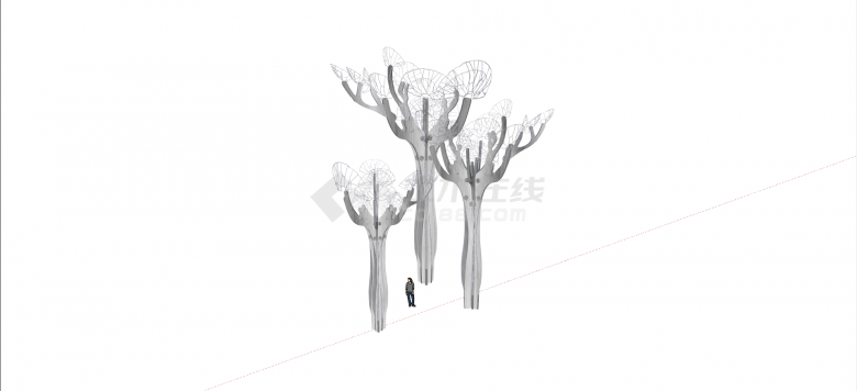 银色金属丝树状木质桩现代抽象艺术雕塑su模型-图一
