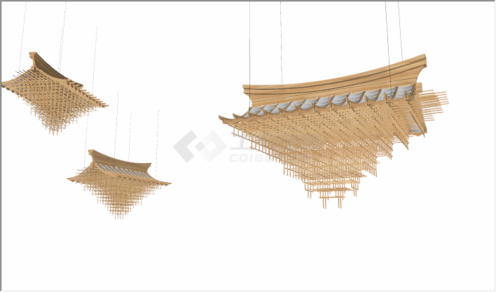 中式原木格栅建筑物构造组合su模型-图二
