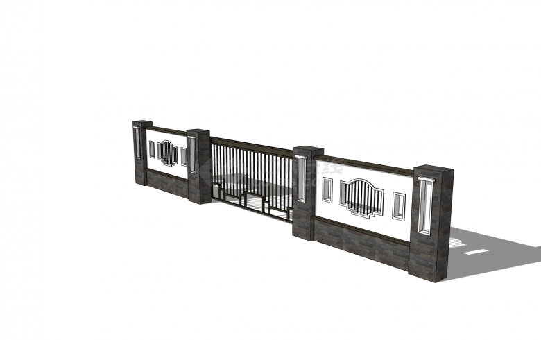 白色墙体黑色大门新中式围墙su模型-图二