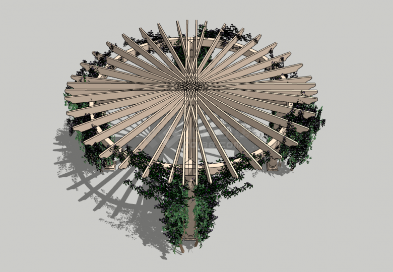 现代圆形木结构亭藤蔓拆绕su模型-图二