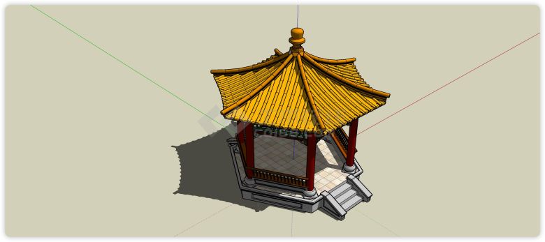 黄色瓦顶红色柱六角亭su模型-图一