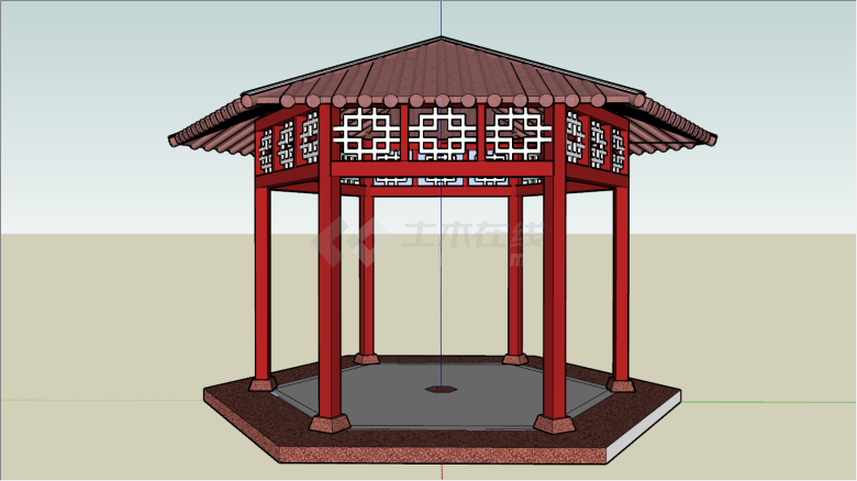 亭子SU模型红色六角亭-图一