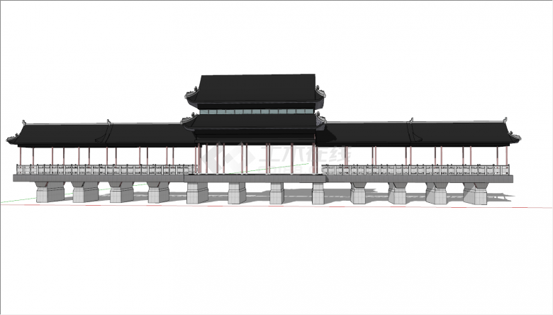 中式黑色精致廊桥su模型-图二